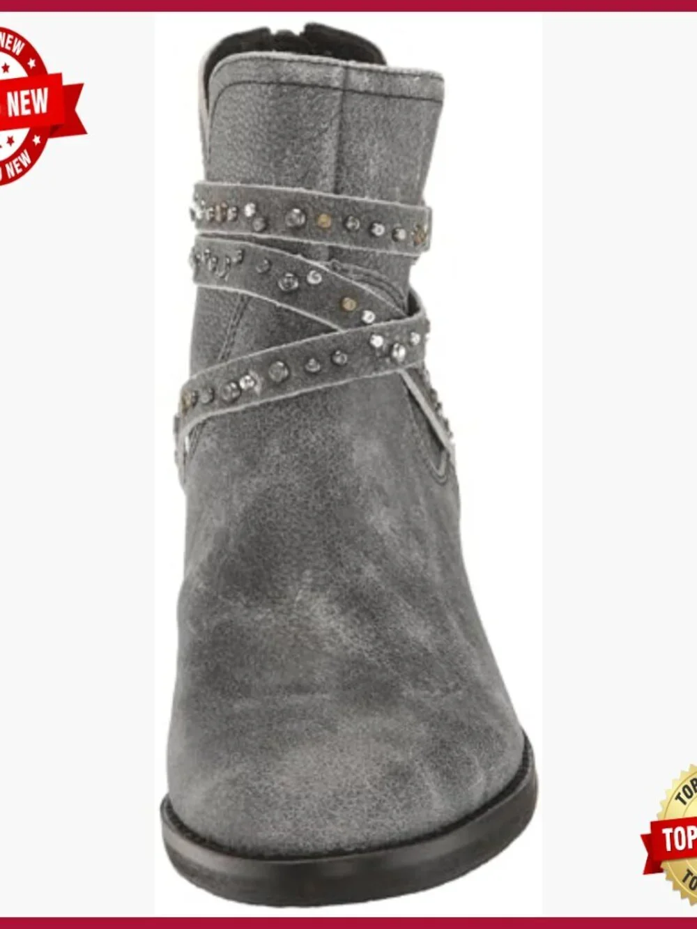 Women's Leather Ankle Bootie with Studded Strap Detail, Zip Closure